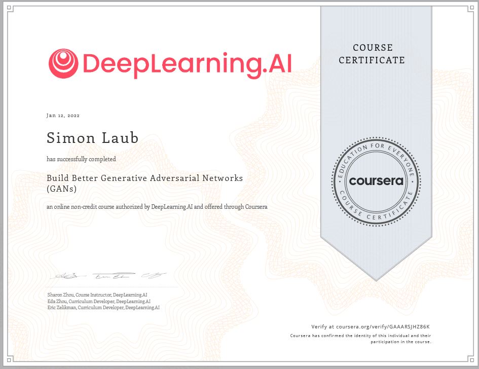 Simon Laub, DeepLearning.AI. Online Certificate. Build Better Generative Adversarial Networks, GANs.