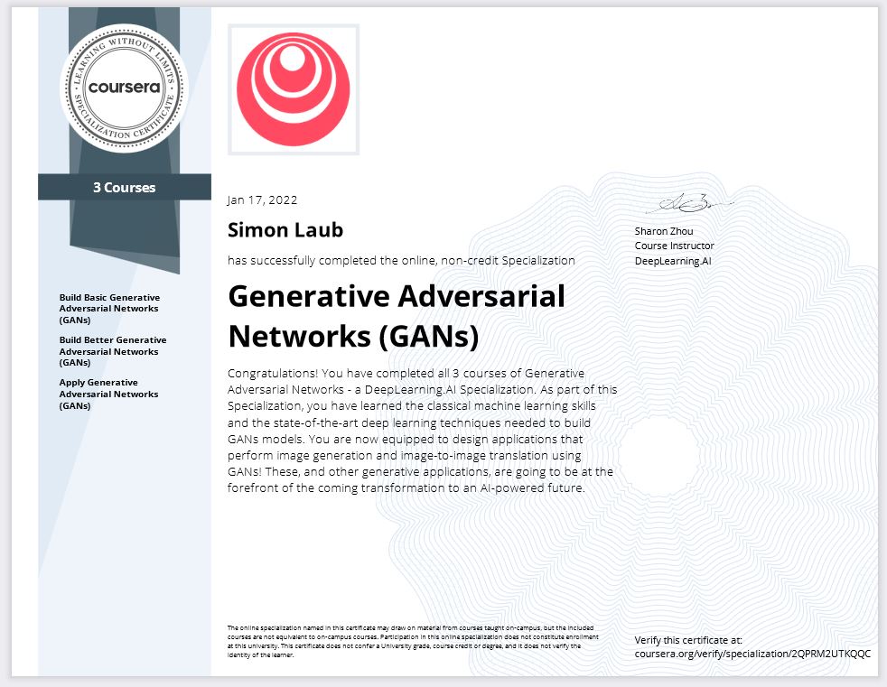 Simon Laub, DeepLearning.AI. Online Certificate. Specialization Generative Adversarial Networks, GANs.