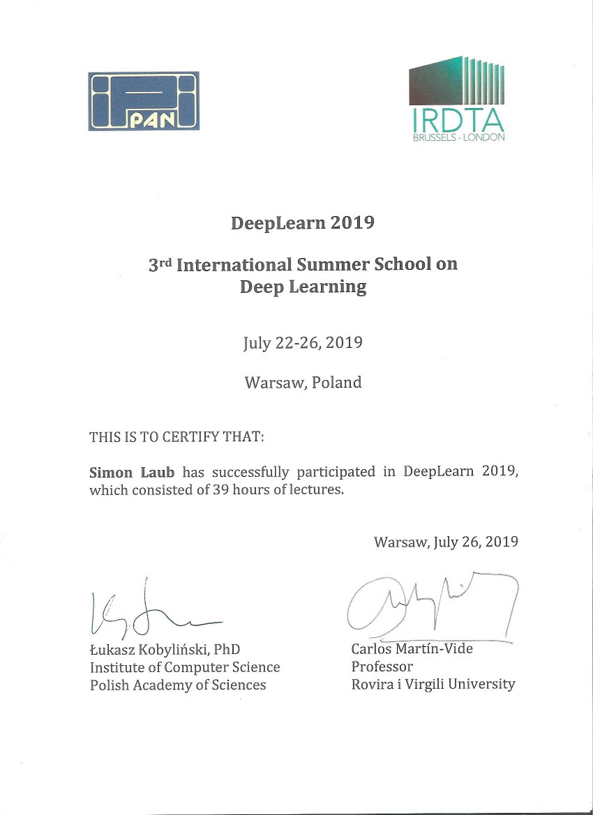 Certificate of Participation. DeepLearn 2019, Warszawa, Poland