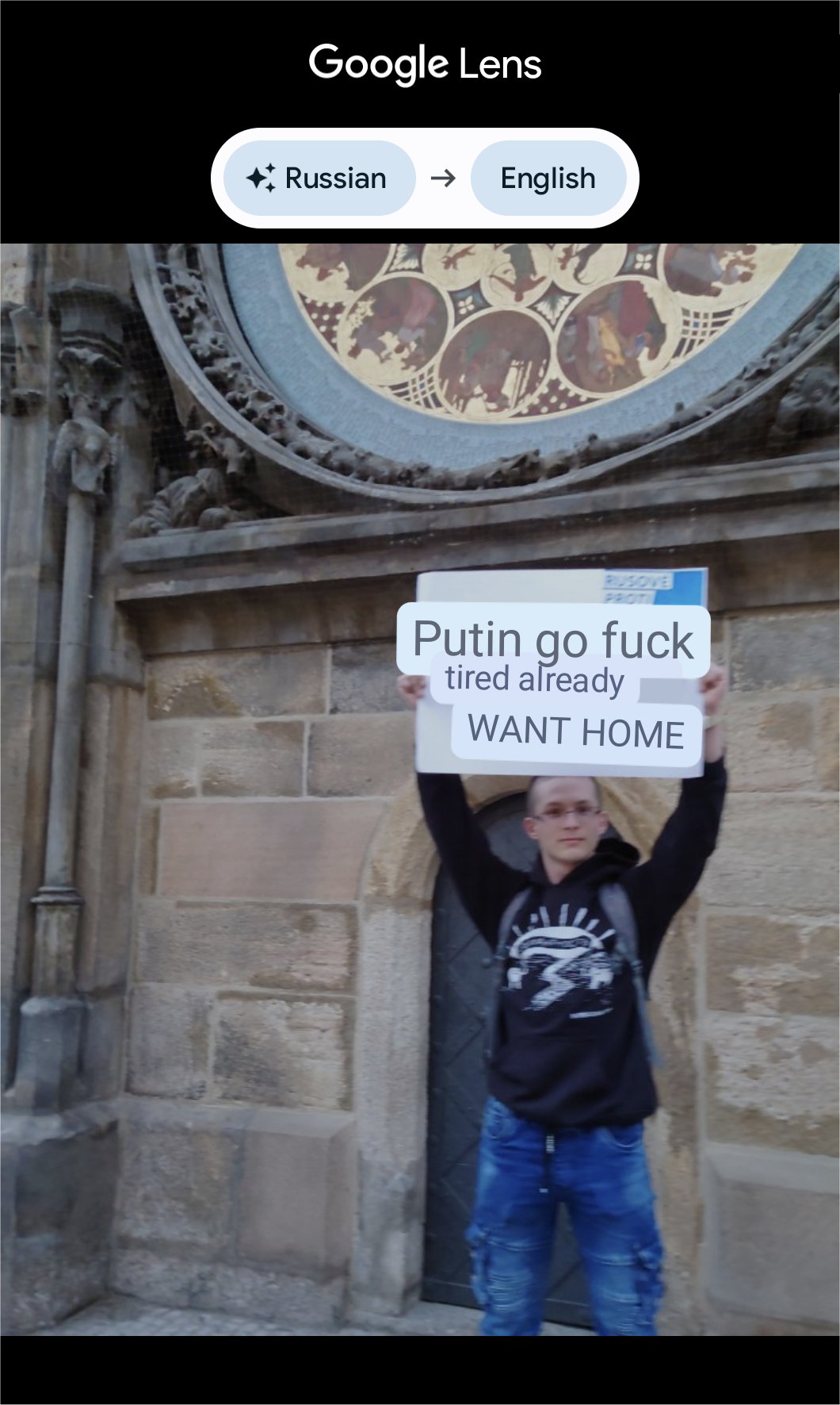 Google Lens, translation. Putin. Prague 2022