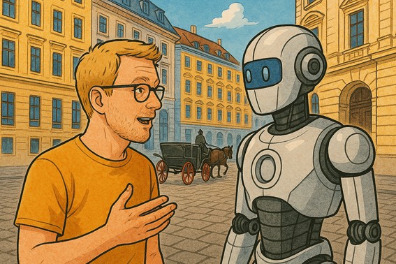 Simon in Vienna talking to robots. DALL.E 3 pic. Aarhus. 30 March 2025.