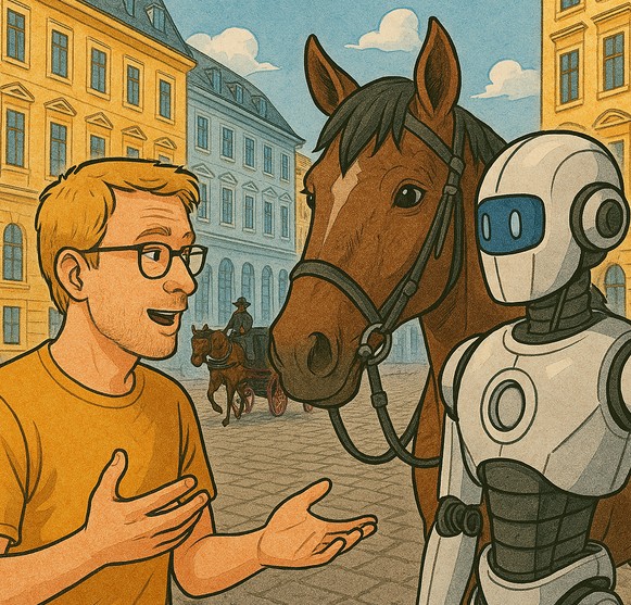 Simon in Vienna talking to robots. DALL.E 3 pic. Aarhus. 30 March 2025.
